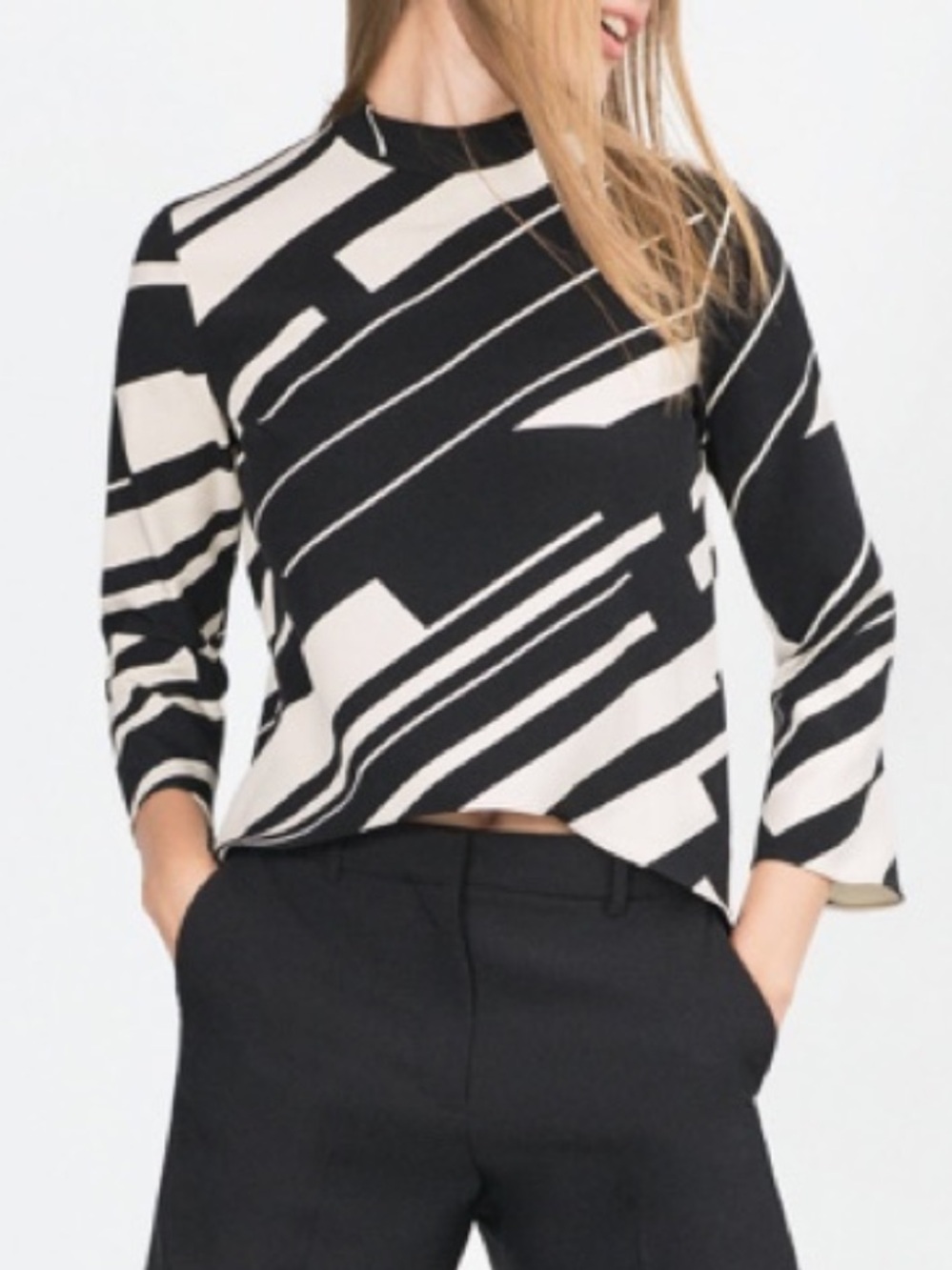 Zara Basic Black & White Geometric Stripe Mock Neck Top Size XS